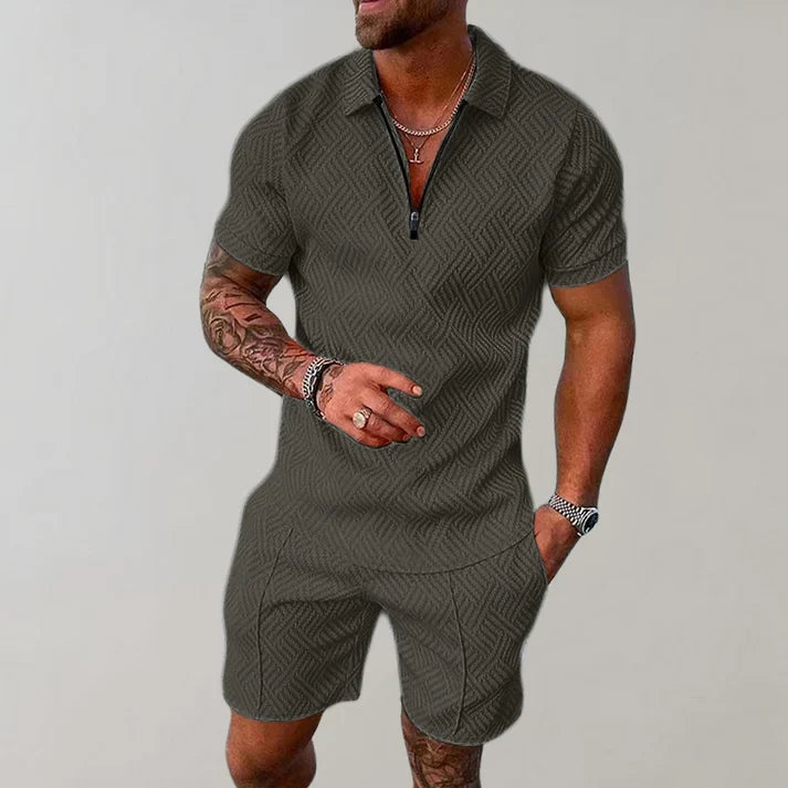 Casual Zip Polo Shirt and Shorts Set for Men