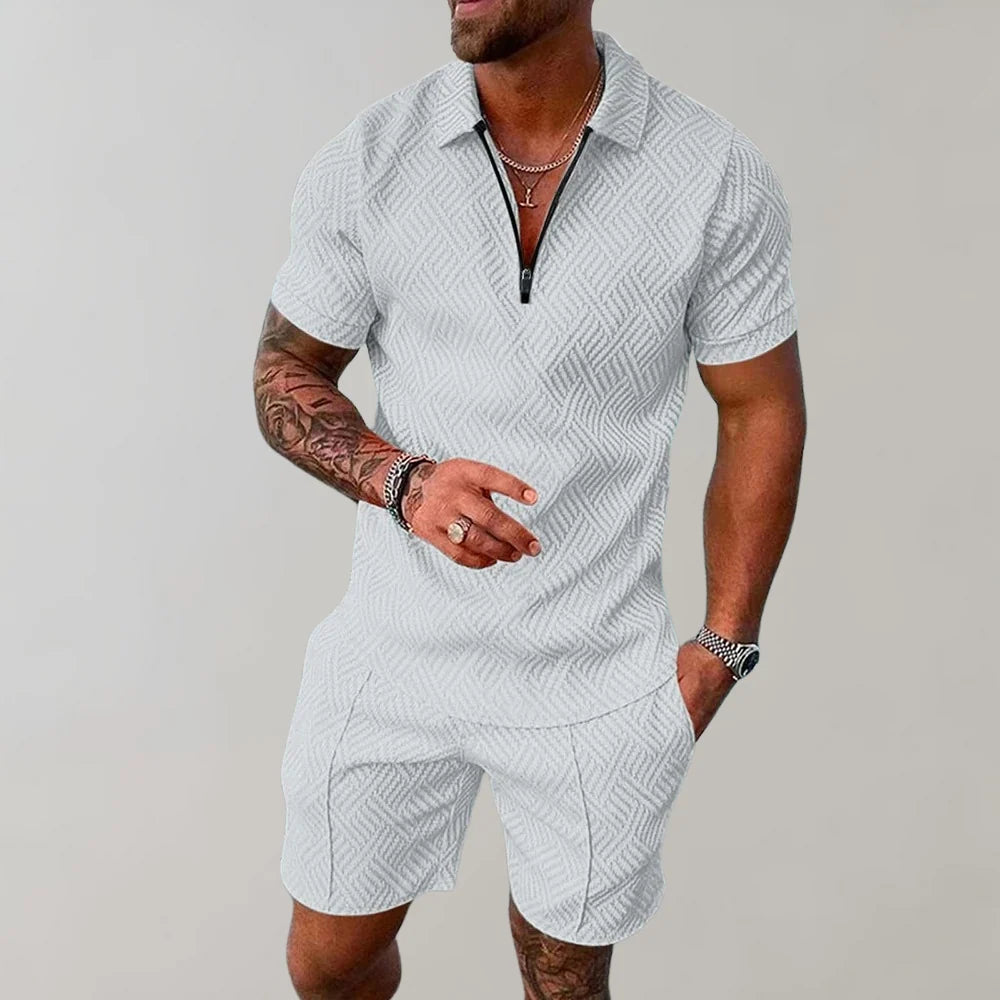 Casual Zip Polo Shirt and Shorts Set for Men