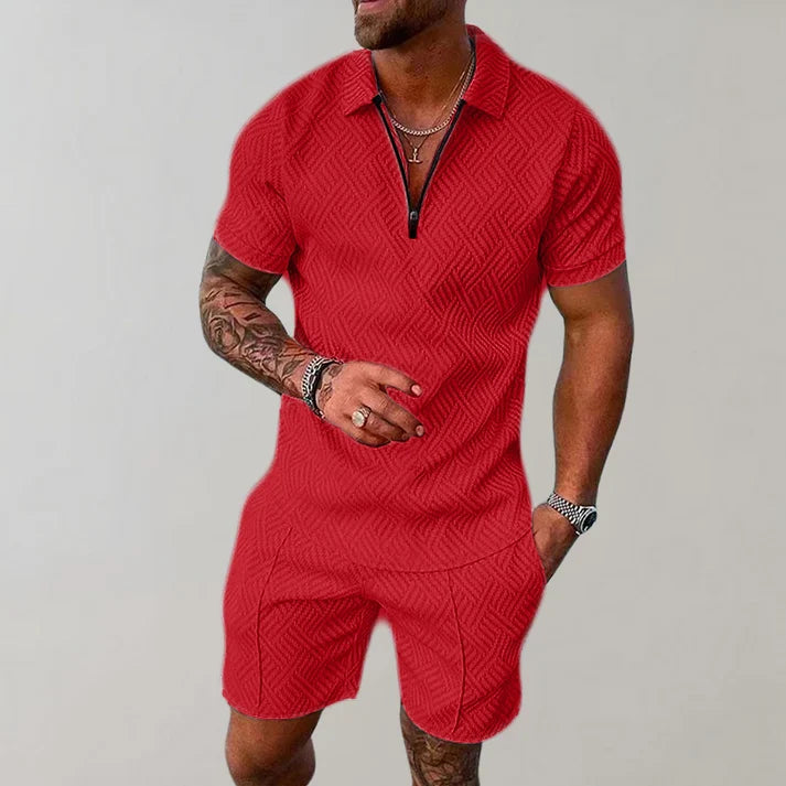Casual Zip Polo Shirt and Shorts Set for Men
