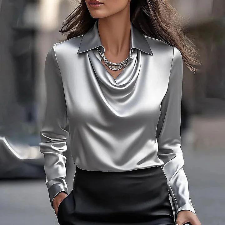 Elegant Draped Neckline Satin Blouse for Women