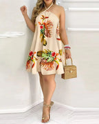 Floral Halter Neck Backless Dress for Women