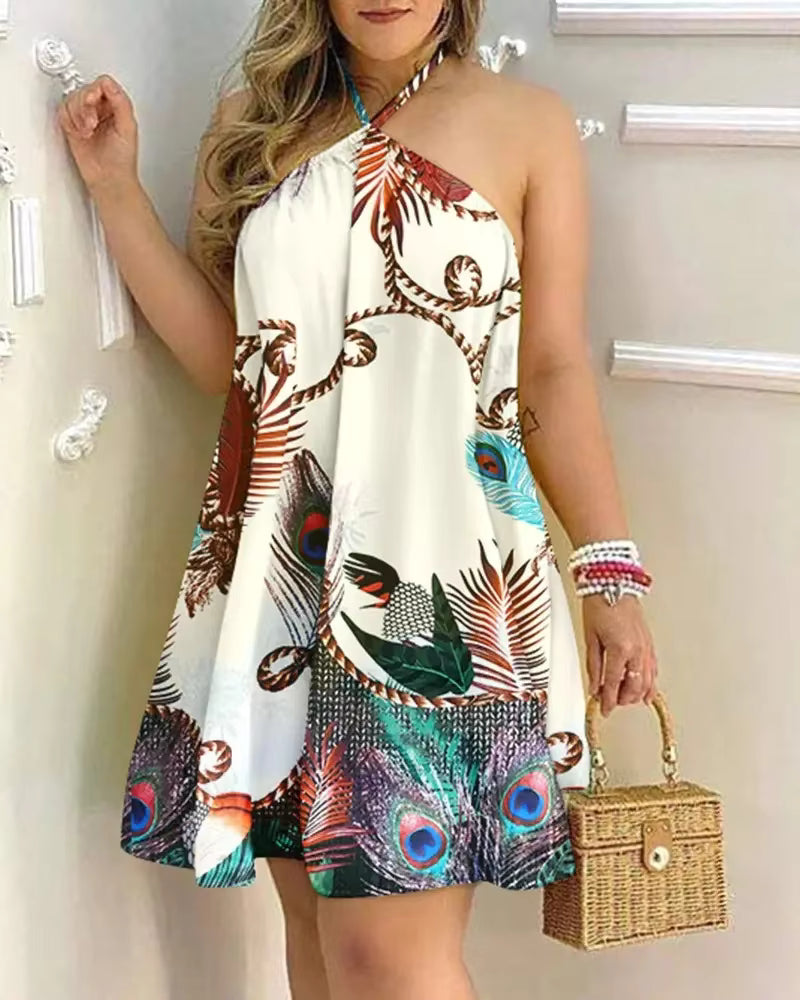 Floral Halter Neck Backless Dress for Women
