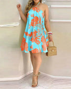 Floral Halter Neck Backless Dress for Women