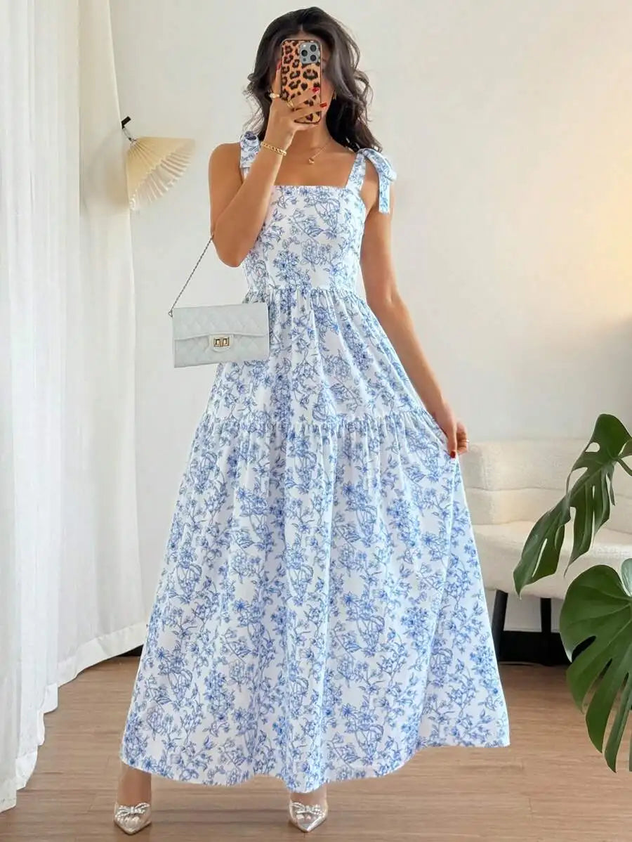 Floral Pleated Flounce Maxi Dress for Women