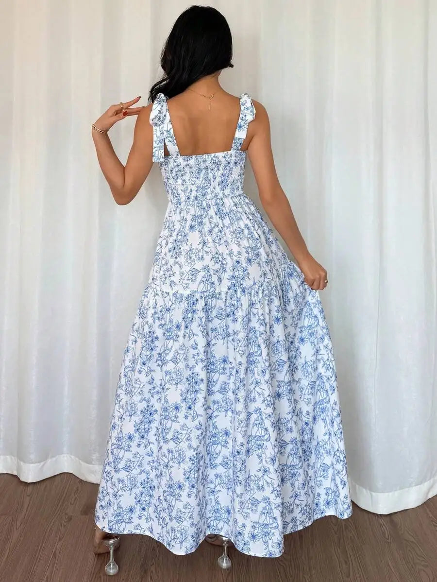 Floral Pleated Flounce Maxi Dress for Women
