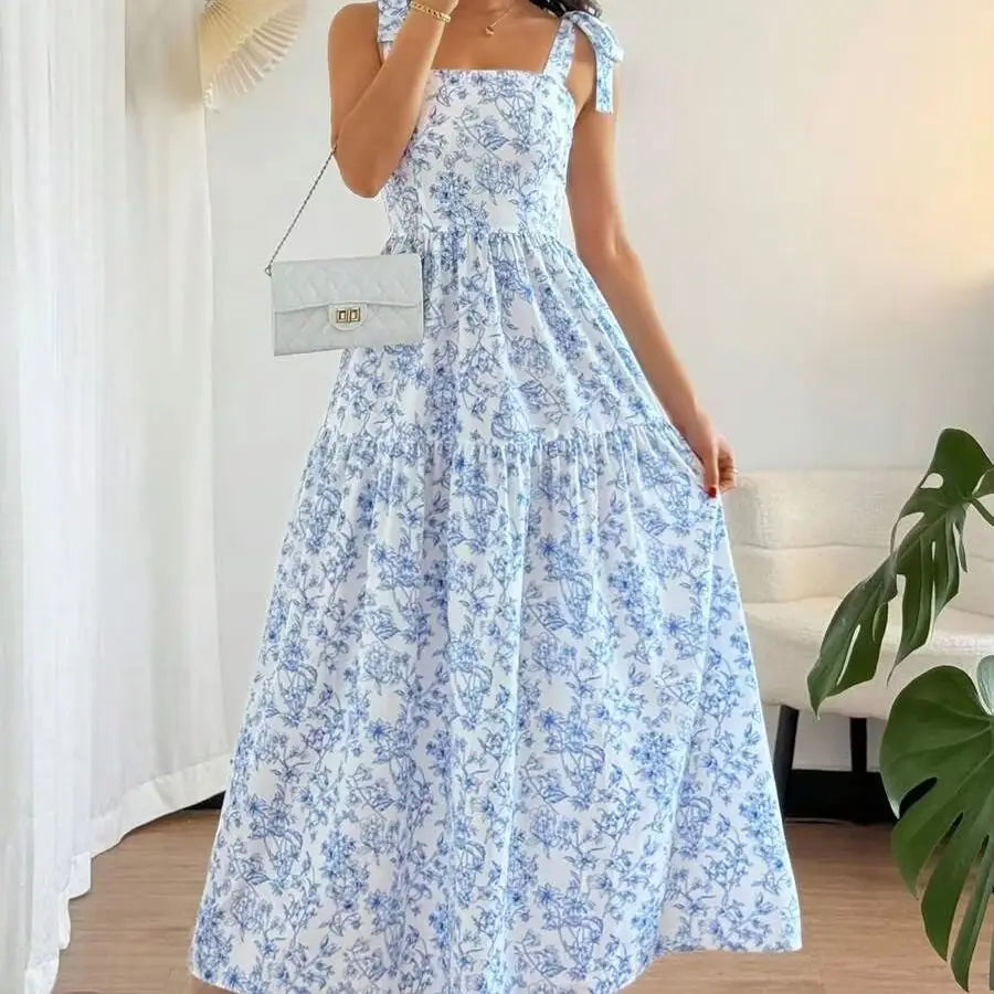 Floral Pleated Flounce Maxi Dress for Women