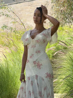 Floral Pleated Flutter Sleeve Maxi Dress for Women
