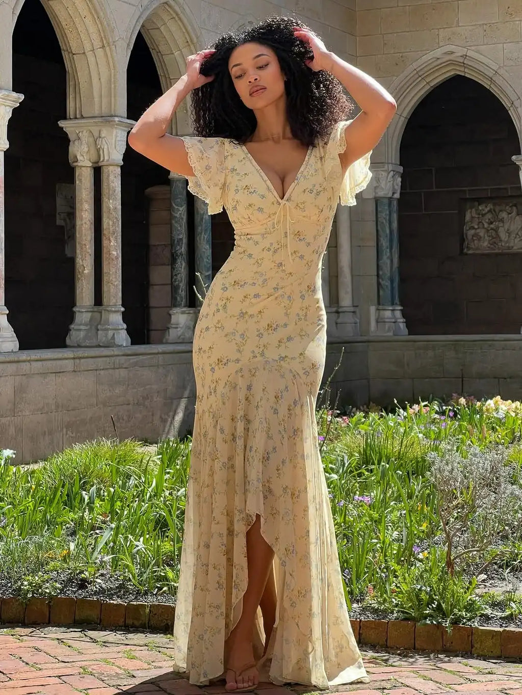 Floral Pleated Flutter Sleeve Maxi Dress for Women