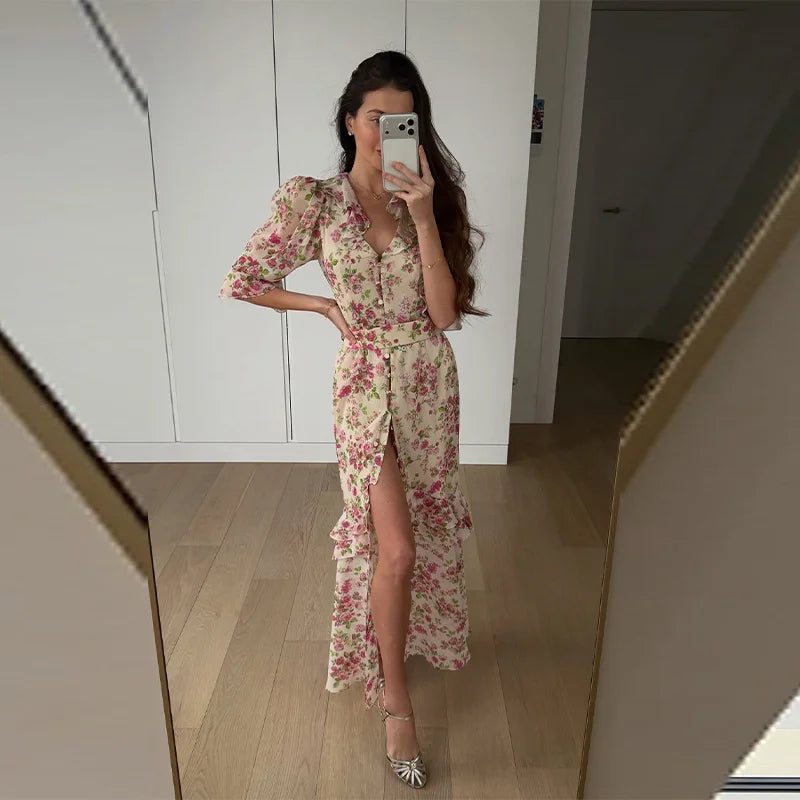 Floral Pleated Flutter Sleeve Maxi Dress for Women