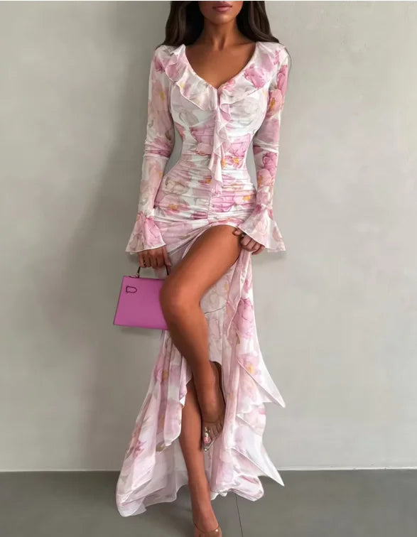 Floral Pleated Flutter Sleeve Maxi Dress for Women