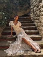 Floral Pleated Flutter Sleeve Maxi Dress for Women