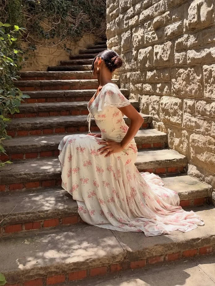 Floral Pleated Flutter Sleeve Maxi Dress for Women