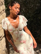 Floral Pleated Flutter Sleeve Maxi Dress for Women