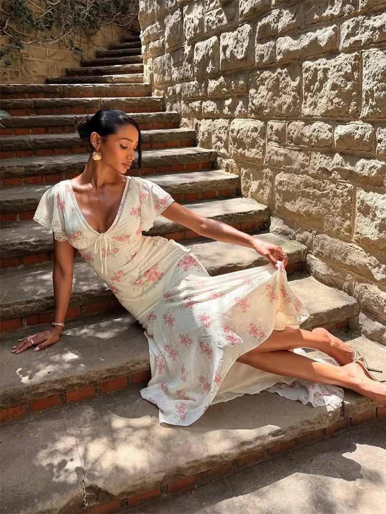 Floral Pleated Flutter Sleeve Maxi Dress for Women