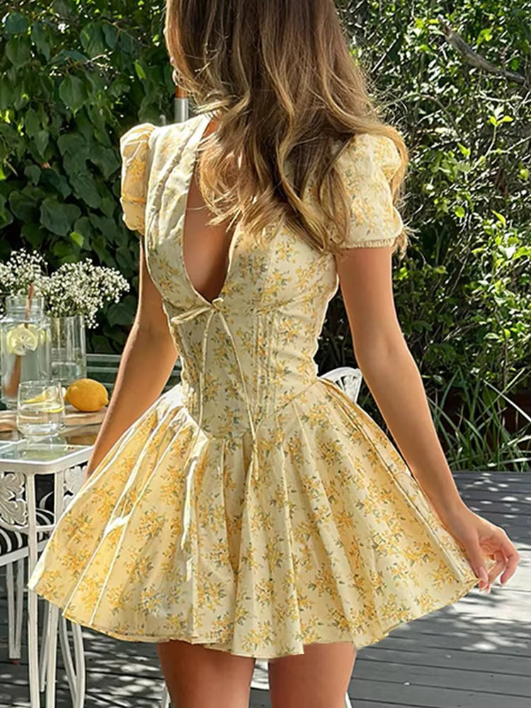 Floral Pleated Puff Sleeve Mini Dress for Women