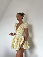 Floral Pleated Puff Sleeve Mini Dress for Women