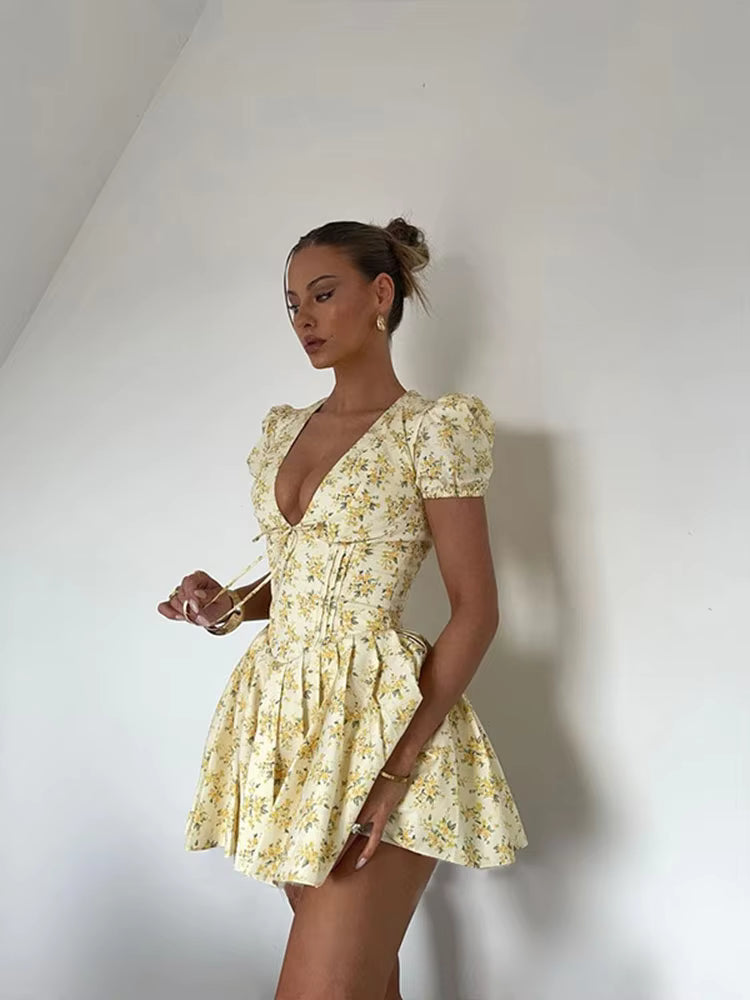 Floral Pleated Puff Sleeve Mini Dress for Women
