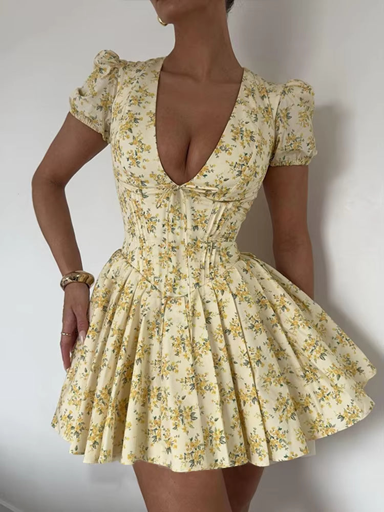 Floral Pleated Puff Sleeve Mini Dress for Women