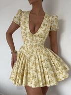 Floral Pleated Puff Sleeve Mini Dress for Women