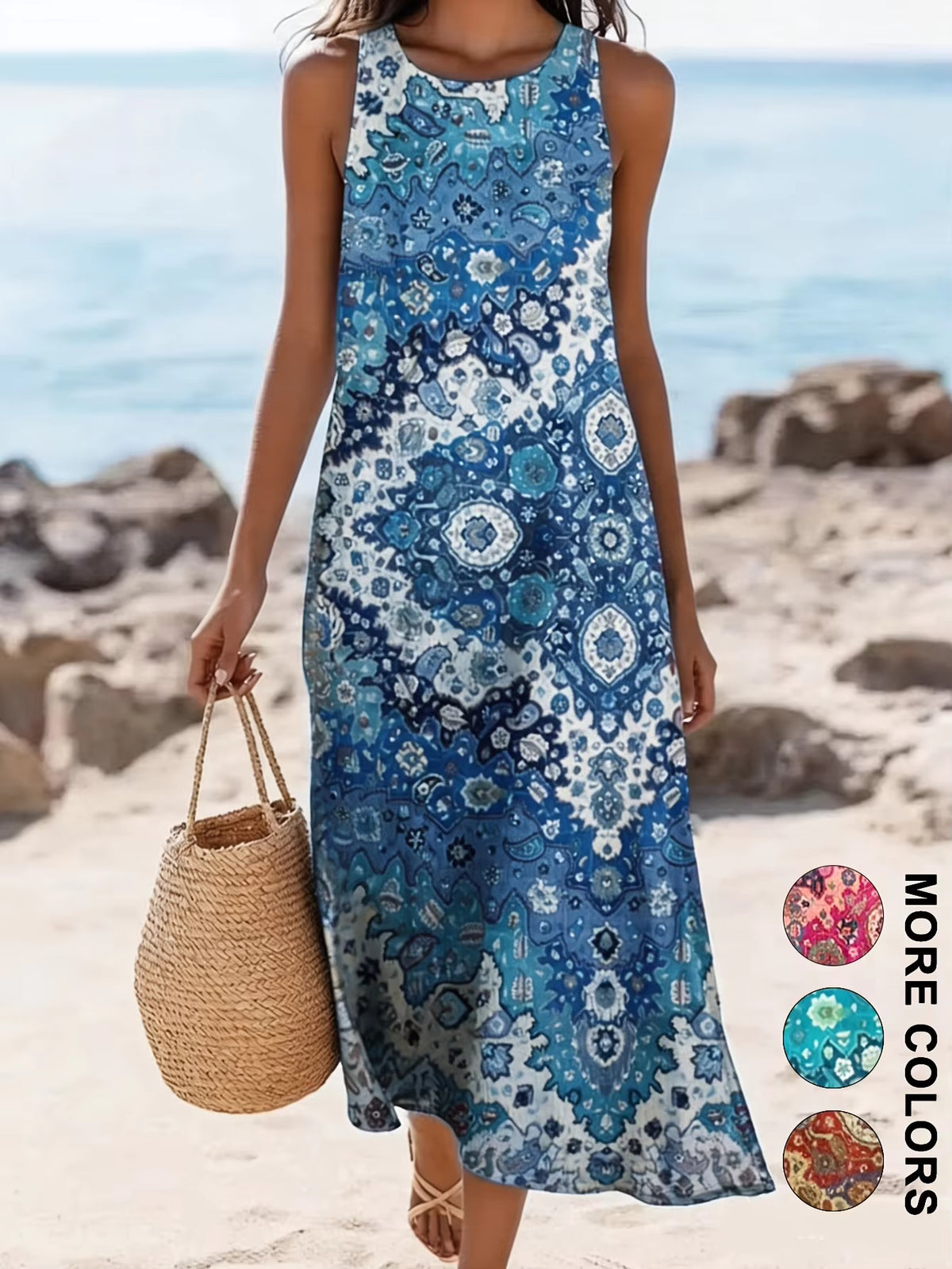 Floral Sleeveless Bohemian Midi Sundress for Women