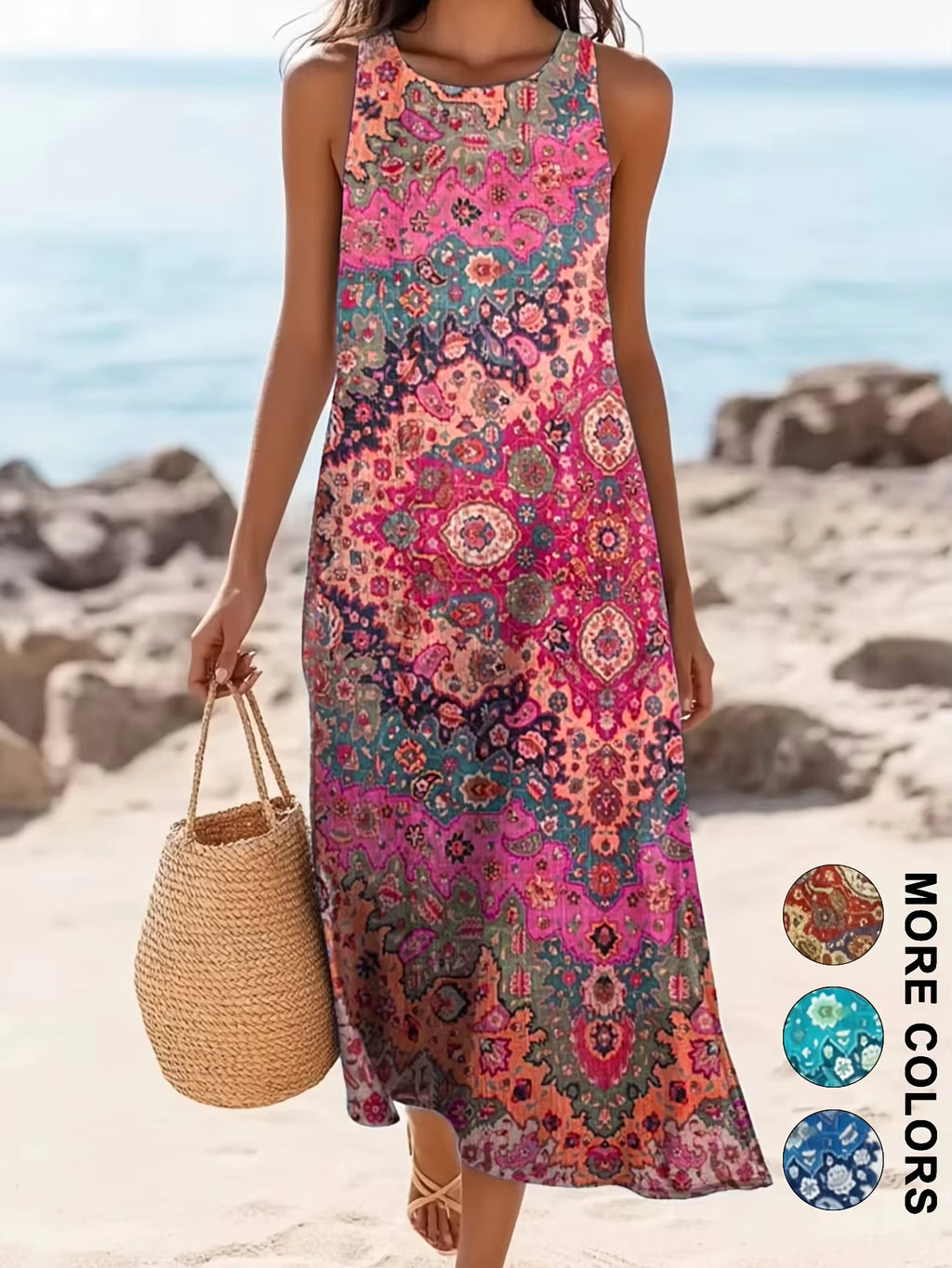 Floral Sleeveless Bohemian Midi Sundress for Women