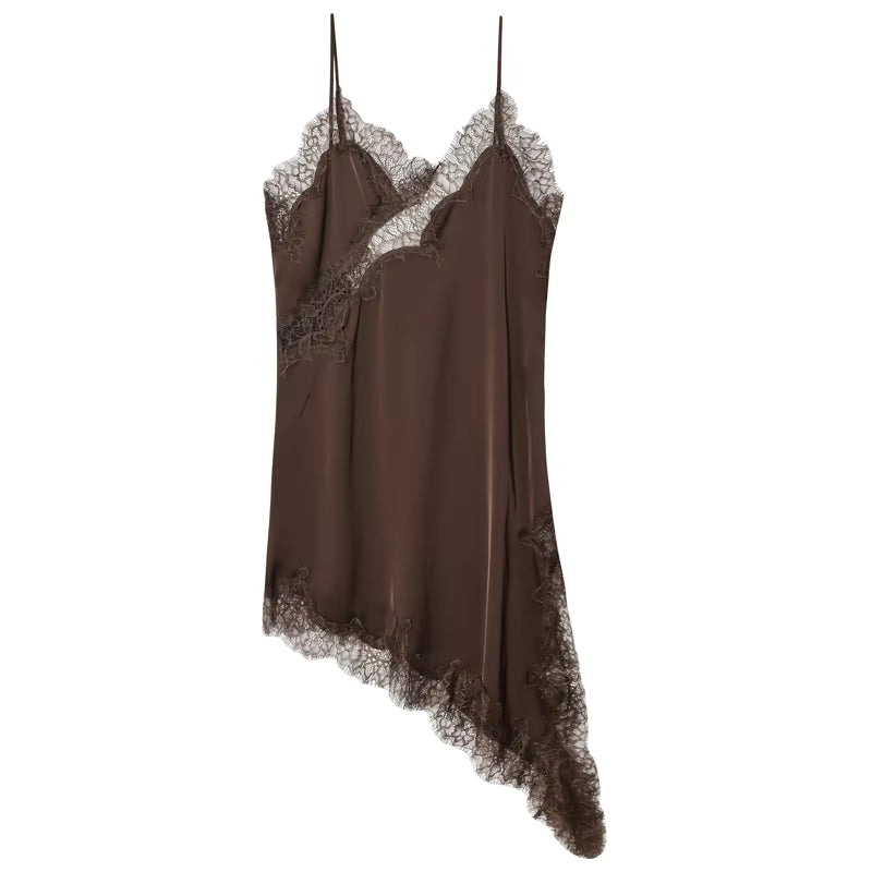 Lace Asymmetric Sleeveless Midi Slip Dress for Women