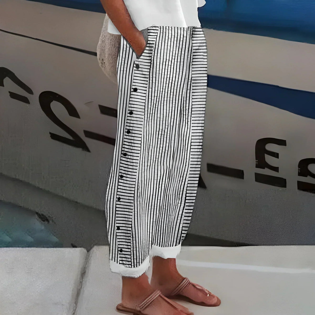 Lightweight Stripe Buttoned Trousers for Women