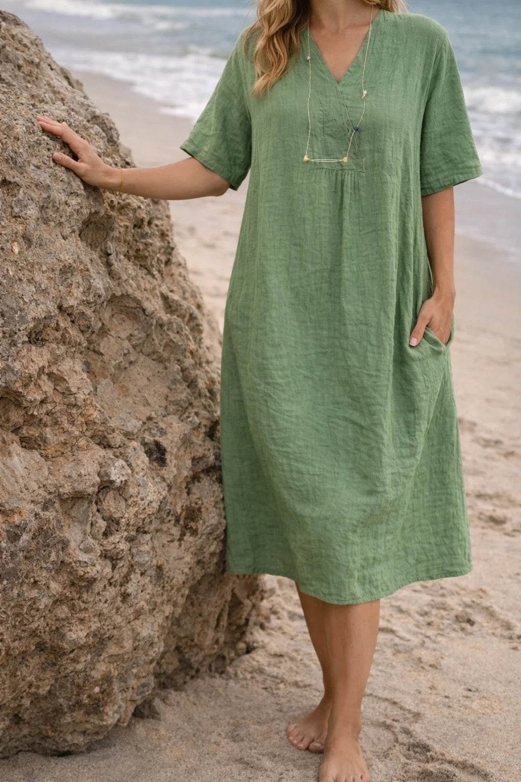 Linen V-Neck Short Sleeve Midi Dress for Women