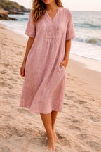 Linen V-Neck Short Sleeve Midi Dress for Women