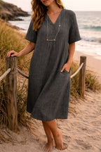 Linen V-Neck Short Sleeve Midi Dress for Women