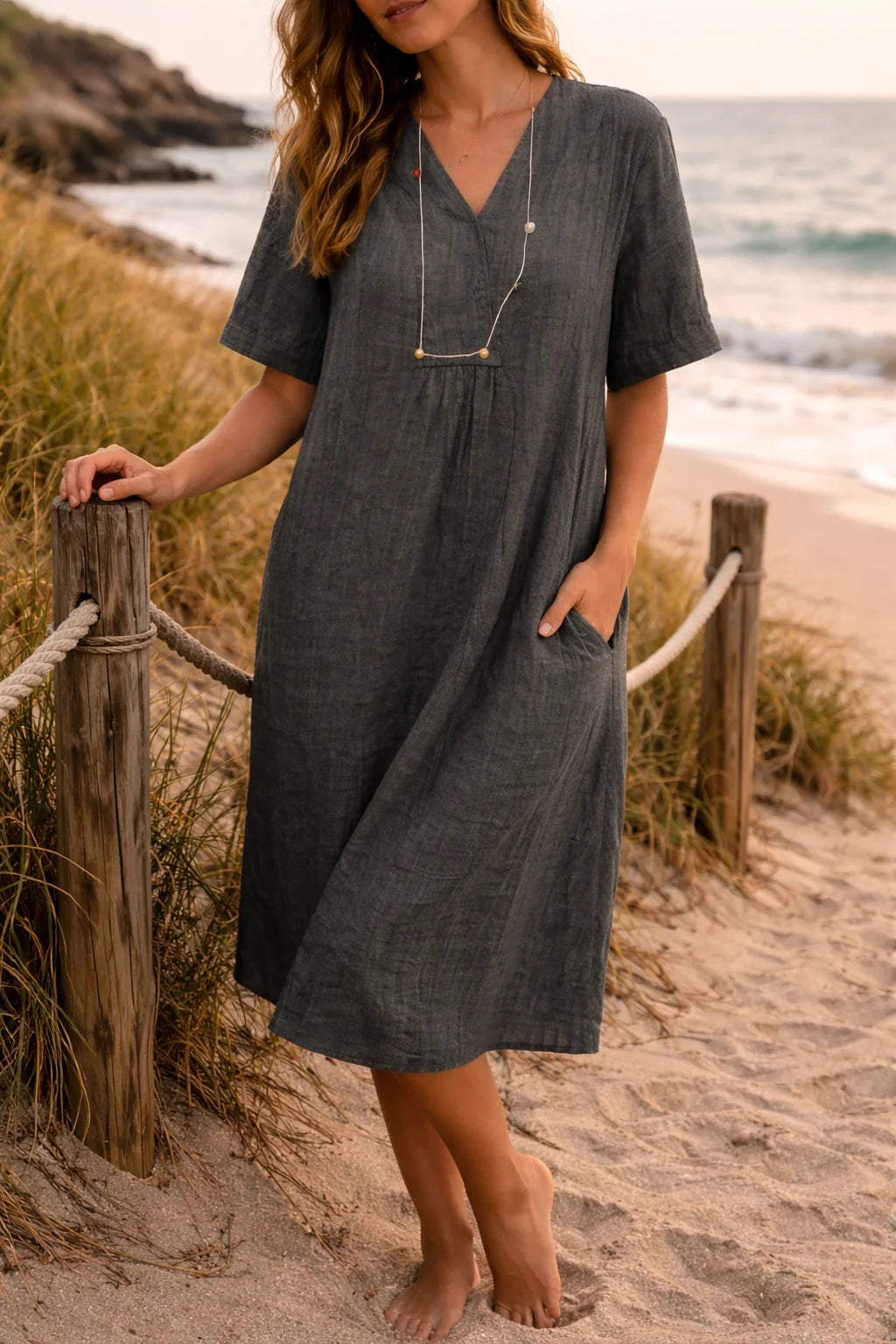 Linen V-Neck Short Sleeve Midi Dress for Women