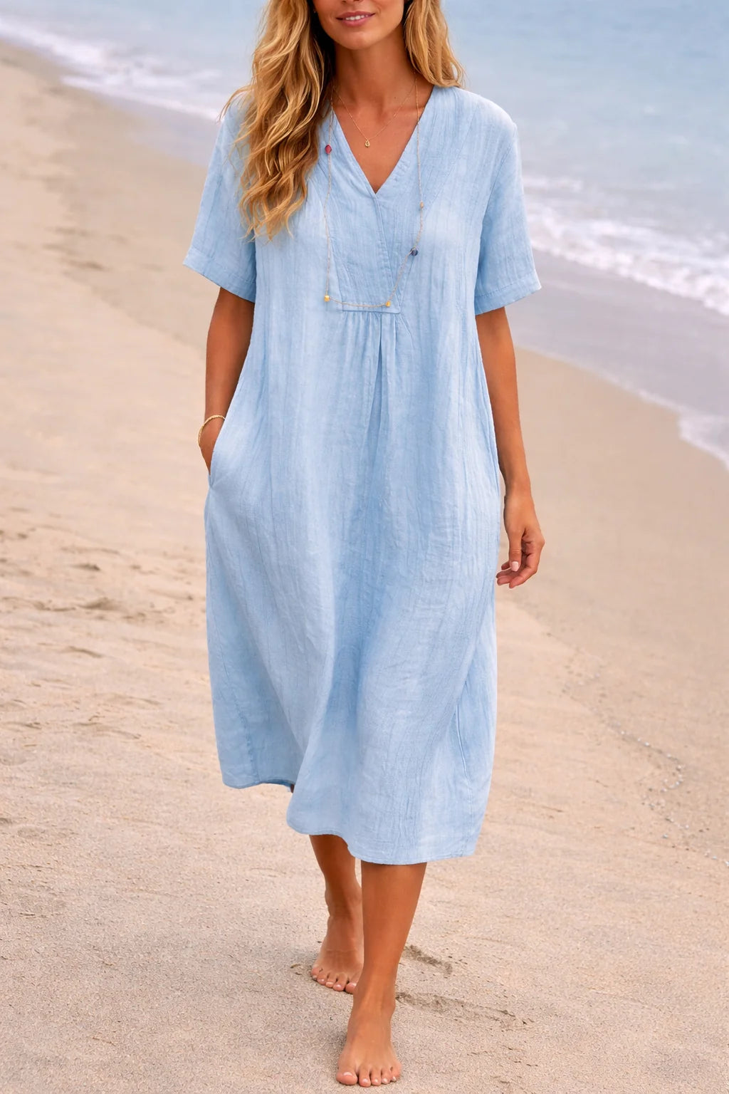 Linen V-Neck Short Sleeve Midi Dress for Women