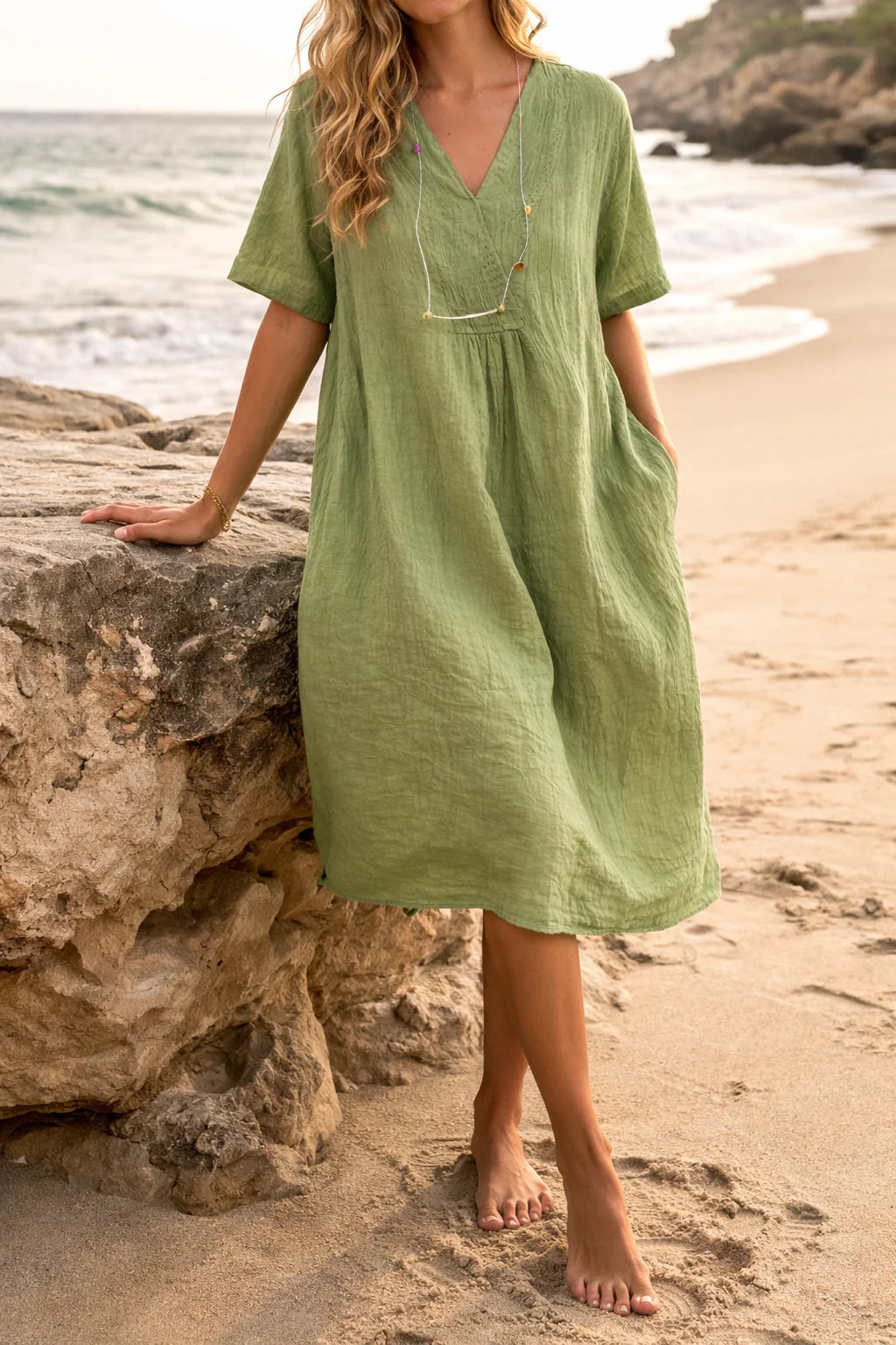 Linen V-Neck Short Sleeve Midi Dress for Women