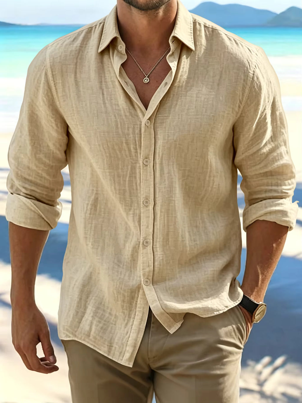 Men's Casual Long Sleeve Linen-Style Shirt