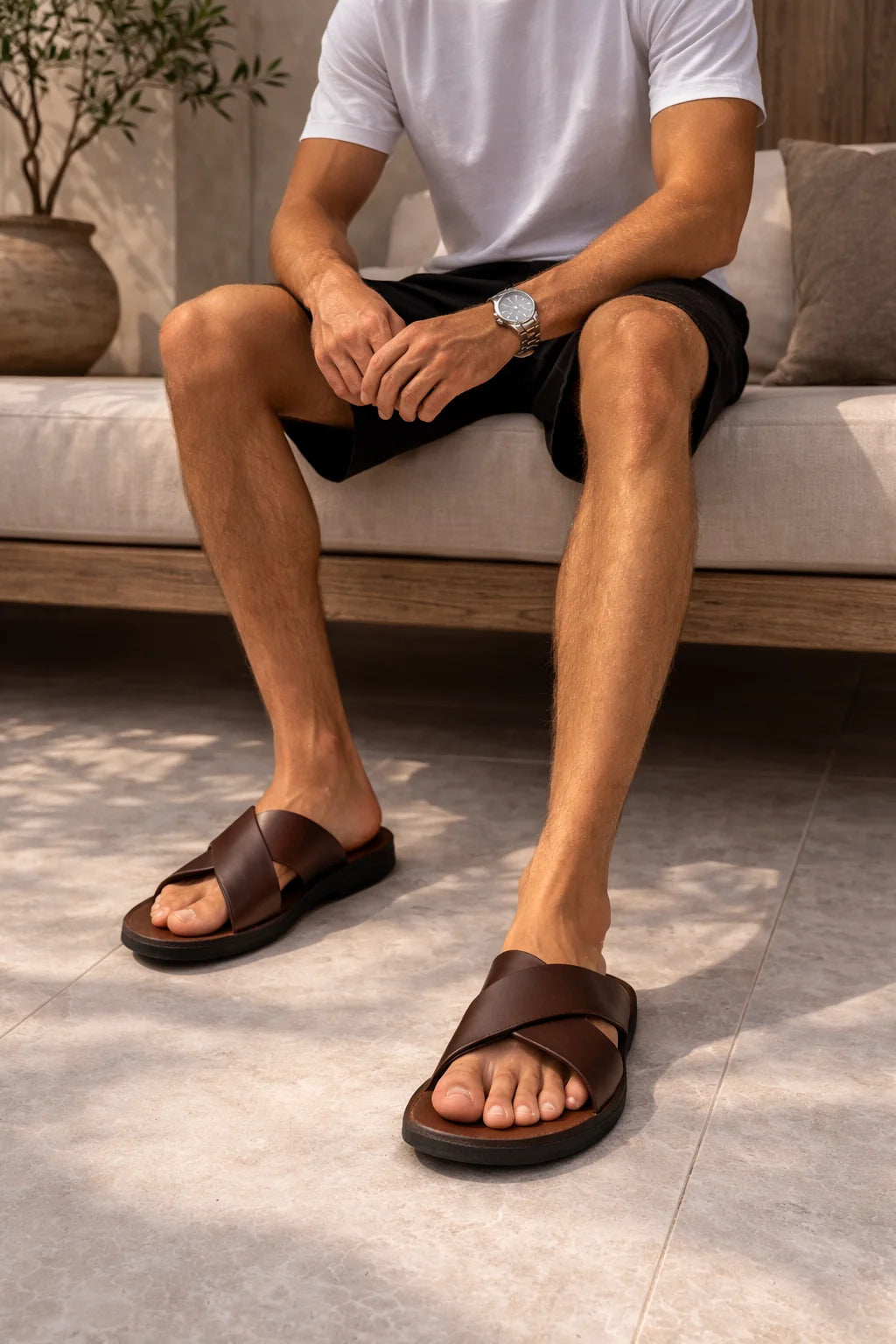 Men's Cross Strap Leather Slide Sandals