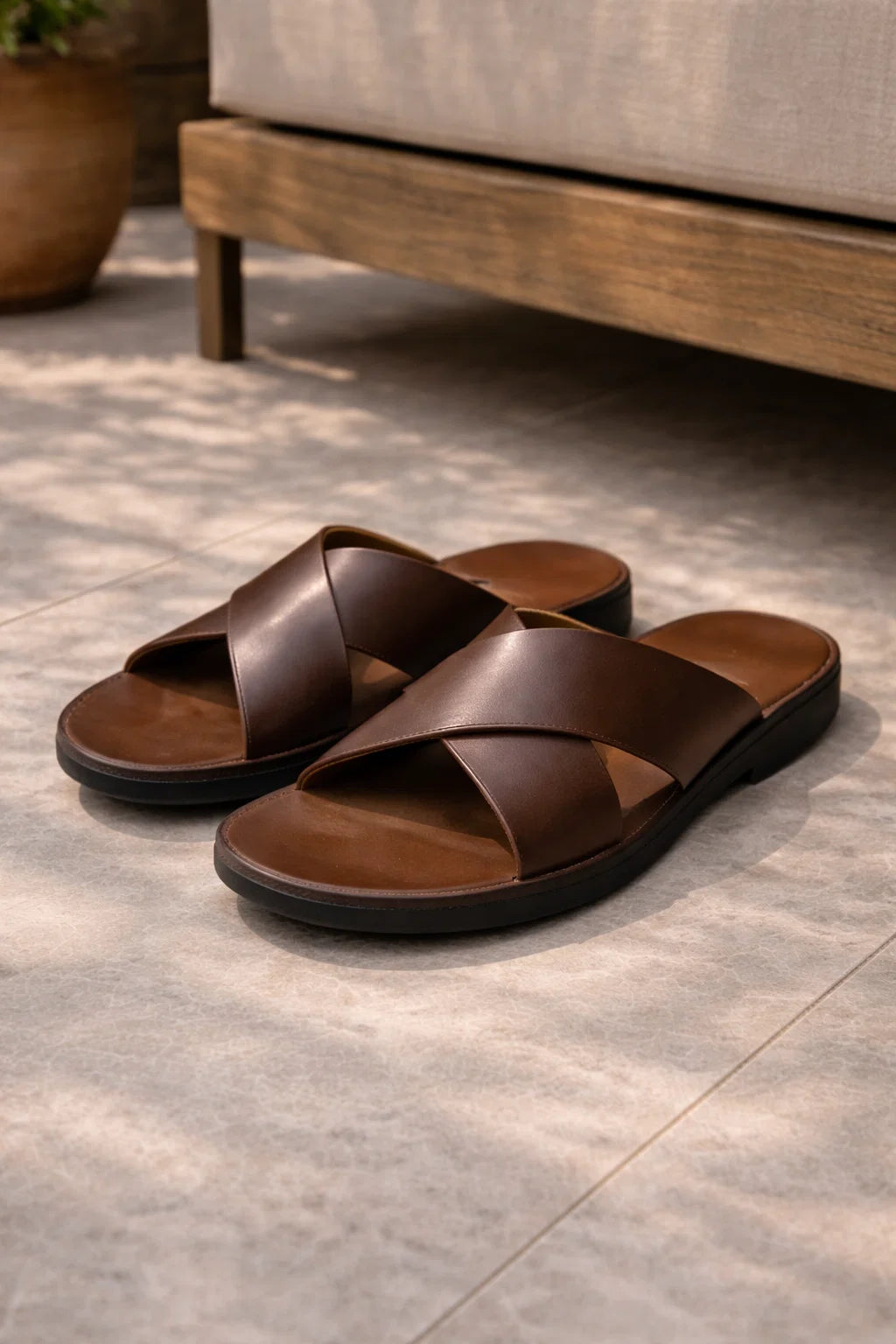Men's Cross Strap Leather Slide Sandals