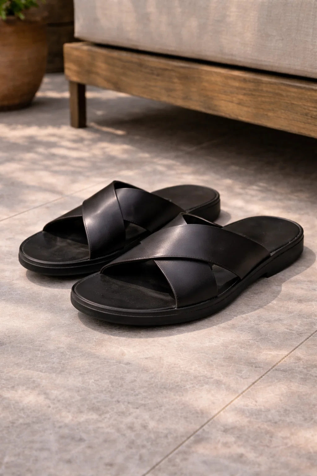 Men's Cross Strap Leather Slide Sandals