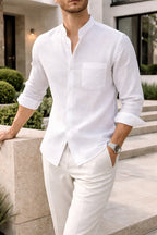Men's Linen Blend Grandad Collar Casual Shirt