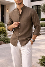 Men's Linen Blend Grandad Collar Casual Shirt