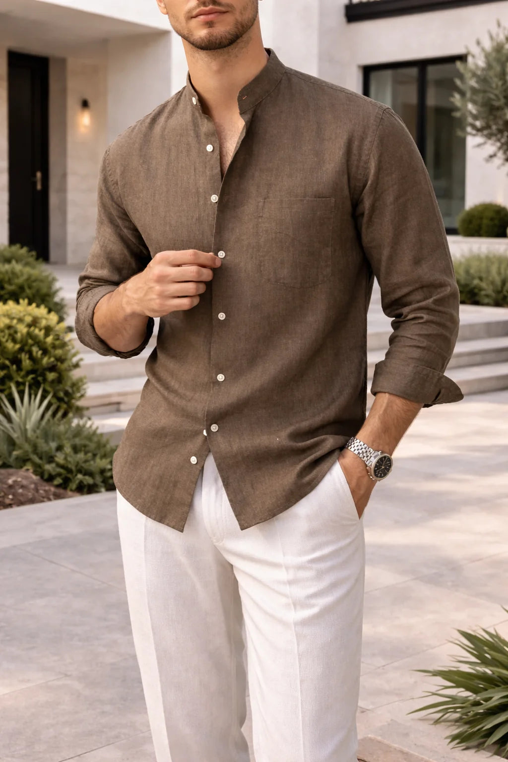 Men's Linen Blend Grandad Collar Casual Shirt