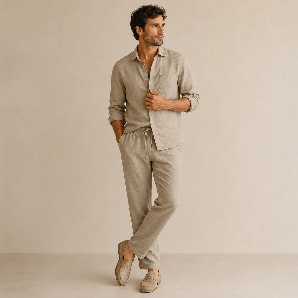 Men's Linen Casual Relaxed Shirt and Trousers Set