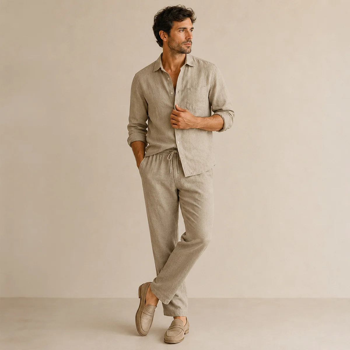 Men's Linen Casual Relaxed Shirt and Trousers Set