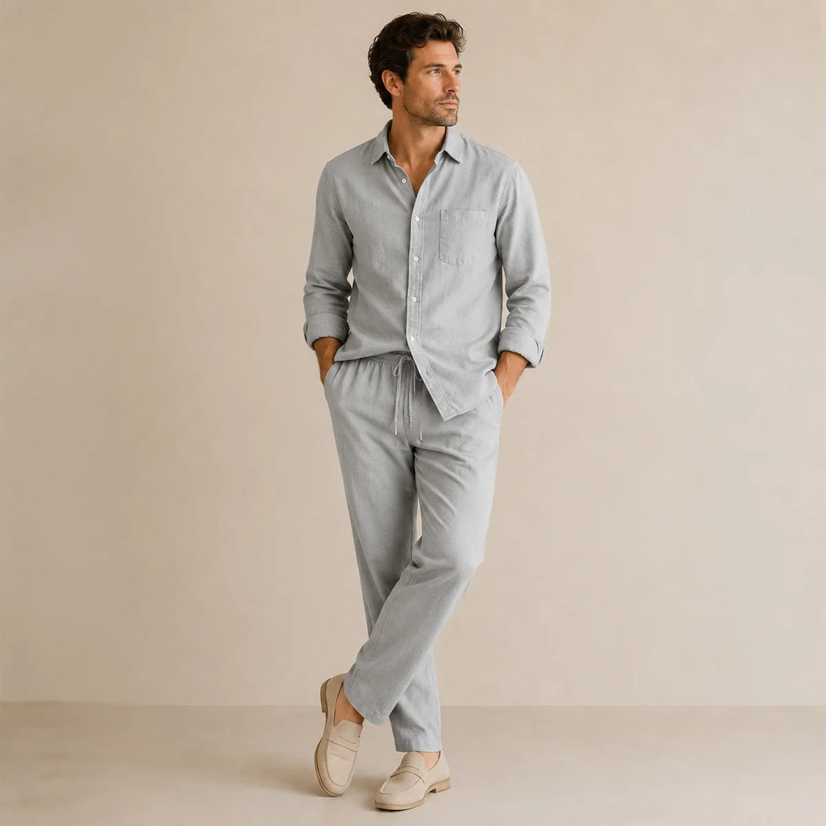 Men's Linen Casual Relaxed Shirt and Trousers Set