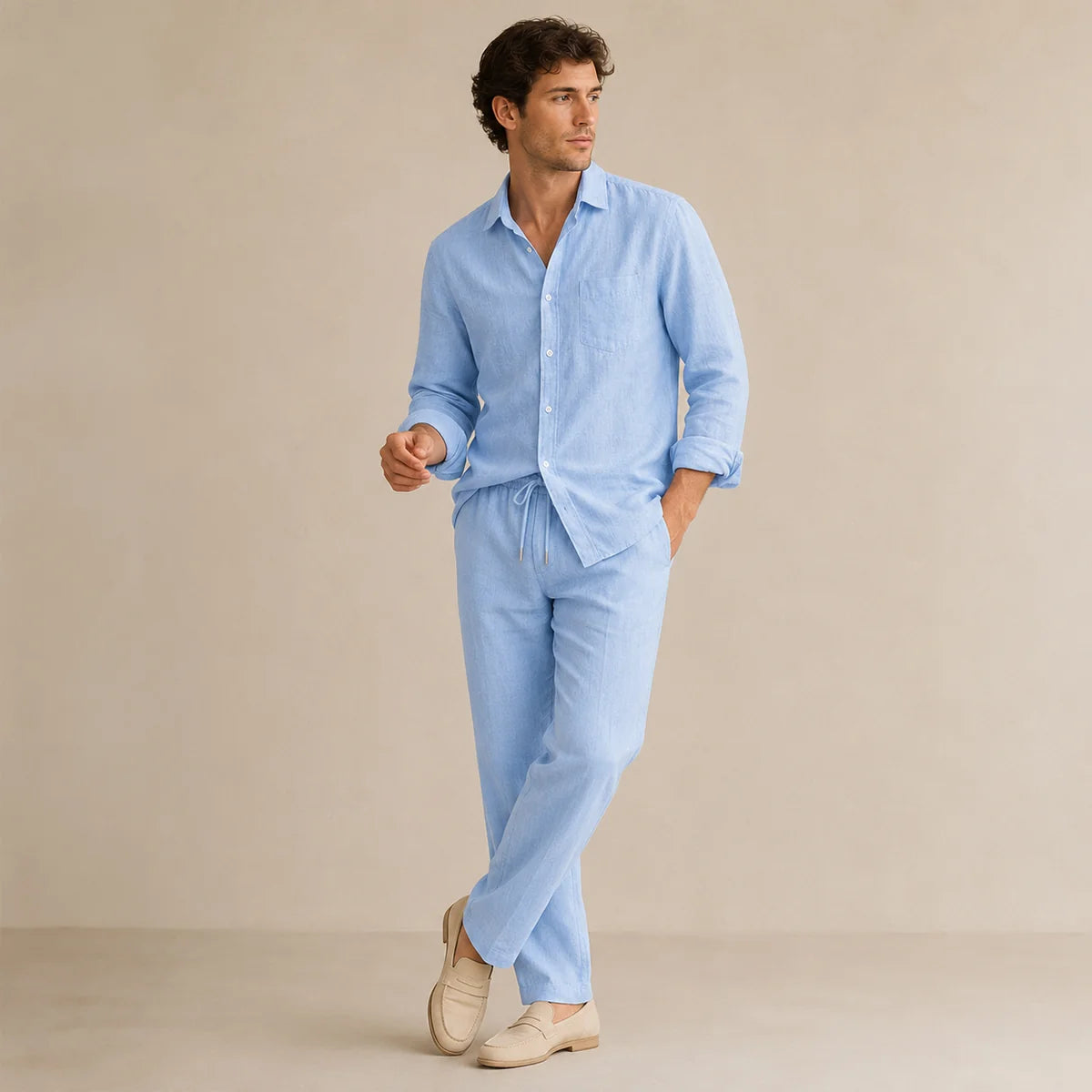 Men's Linen Casual Relaxed Shirt and Trousers Set