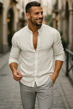 Men's Linen Grandad Collar Long Sleeve Shirt