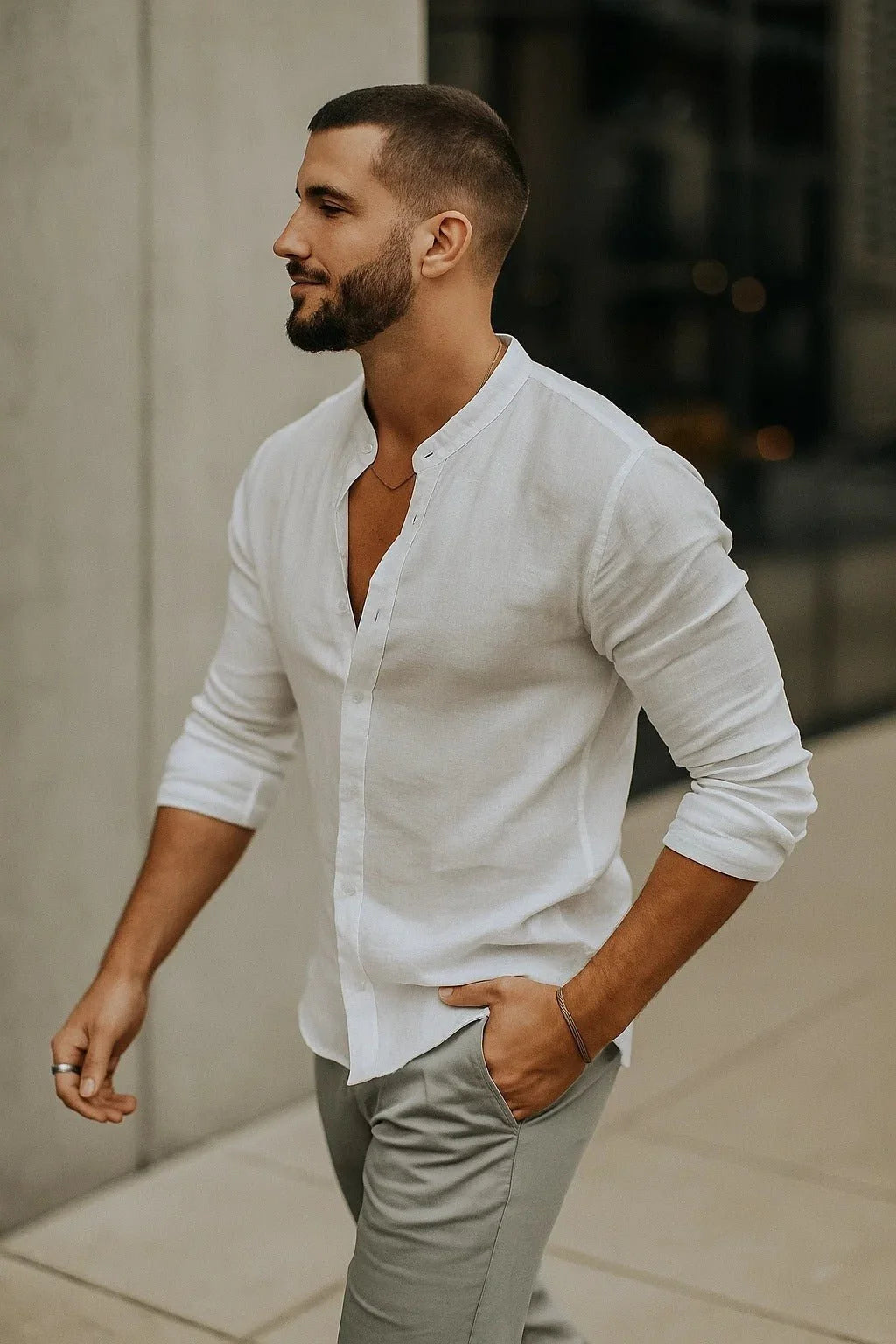Men's Linen Grandad Collar Long Sleeve Shirt