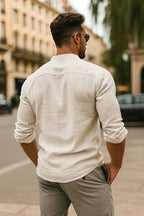 Men's Linen Grandad Collar Long Sleeve Shirt