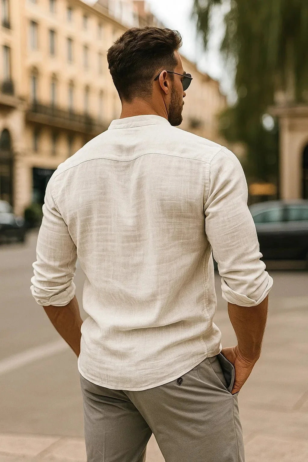 Men's Linen Grandad Collar Long Sleeve Shirt