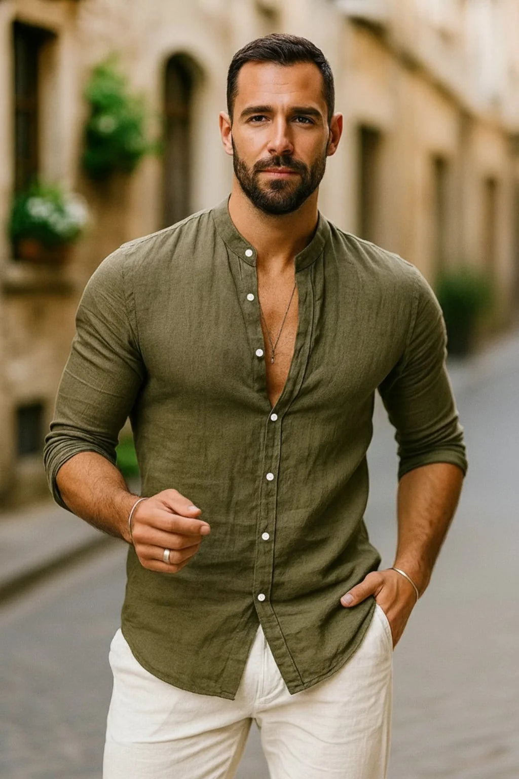 Men's Linen Grandad Collar Long Sleeve Shirt