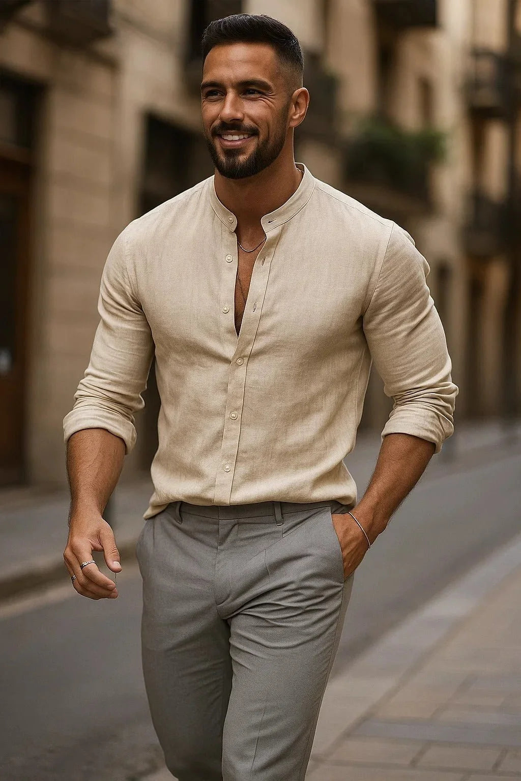 Men's Linen Grandad Collar Long Sleeve Shirt